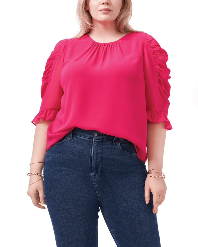 Front of a model wearing a size 0X Hailey Puff Sleeve Top in ROSEBLOSSOM by 1.State. | dia_product_style_image_id:262126